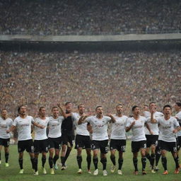 A celebratory scene featuring the Vasco da Gama football team winning the Brazilian Championship, with their players rejoicing and fans cheering wildly against a backdrop of the iconic Estadio São Januario.