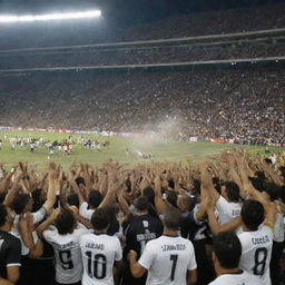 A celebratory scene featuring the Vasco da Gama football team winning the Brazilian Championship, with their players rejoicing and fans cheering wildly against a backdrop of the iconic Estadio São Januario.