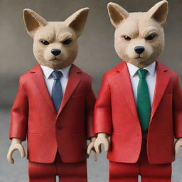 Dexter Morgan from the series 'Dexter', and Legoshi from 'Beastars', standing side by side, wearing sharp red suits.