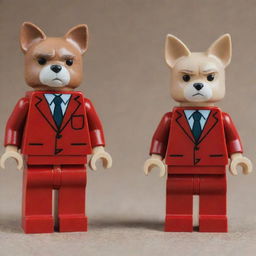 Dexter Morgan from the series 'Dexter', and Legoshi from 'Beastars', standing side by side, wearing sharp red suits.