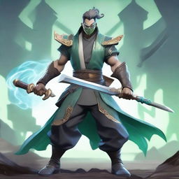 Create an image of Maestro Yi in his PsyOps skin, wielding the Ruined King sword and various aggressive attack items like different types of swords