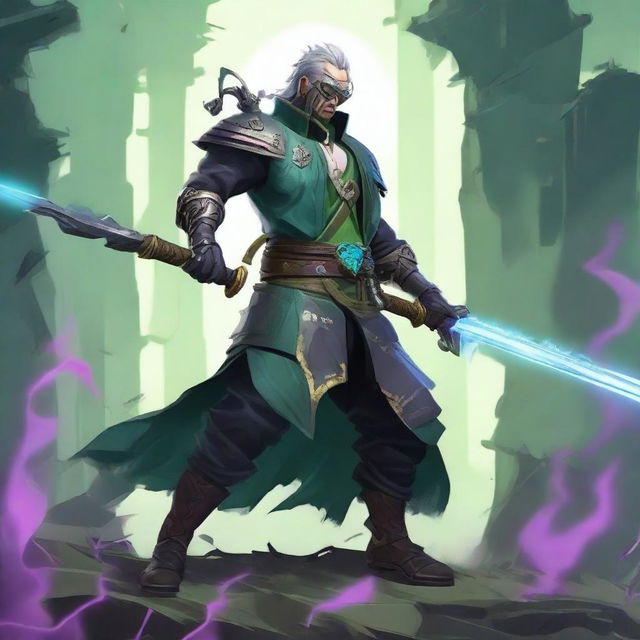 Create an image of Maestro Yi in his PsyOps skin, wielding the Ruined King sword and various aggressive attack items like different types of swords