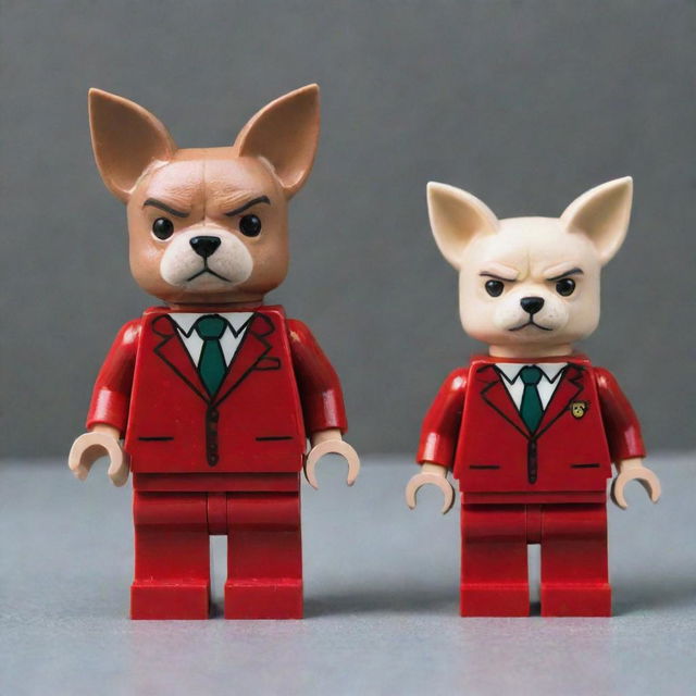 Dexter Morgan from the series 'Dexter', and Legoshi from 'Beastars', standing side by side, wearing sharp red suits.