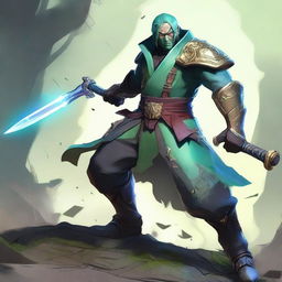 Create an image of Maestro Yi in his PsyOps skin, wielding the Ruined King sword and various aggressive attack items like different types of swords