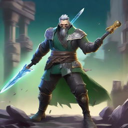 Create an image of Maestro Yi in his PsyOps skin, wielding the Ruined King sword and various aggressive attack items like different types of swords