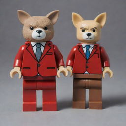 Dexter Morgan from the series 'Dexter', and Legoshi from 'Beastars', standing side by side, wearing sharp red suits.