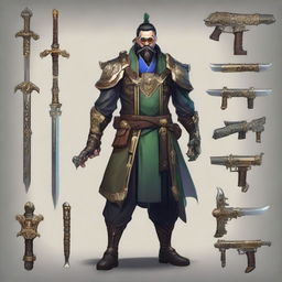 Maestro Yi from the PsyOps skin line, surrounded by various types of swords