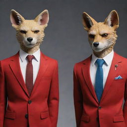 Dexter Morgan and Legoshi from Beastars, both sporting elegant red suits, stand side by side. Their expressions are intriguing, capturing their unique personal traits.