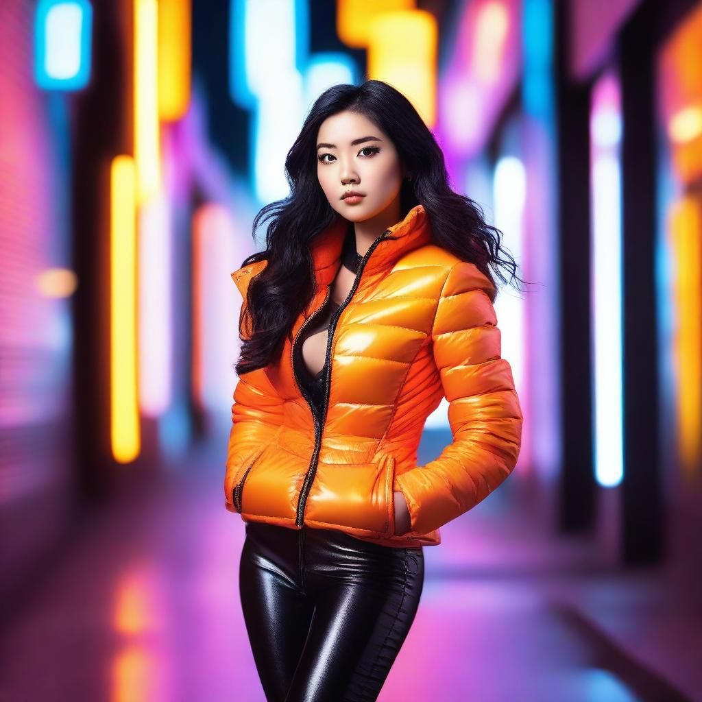 A fashionable Asian woman wearing a tight, shiny orange puffer corset, posing confidently in a modern urban environment with vibrant neon lights