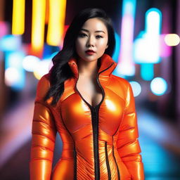 A fashionable Asian woman wearing a tight, shiny orange puffer corset, posing confidently in a modern urban environment with vibrant neon lights