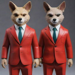 Dexter Morgan and Legoshi from Beastars, both sporting elegant red suits, stand side by side. Their expressions are intriguing, capturing their unique personal traits.