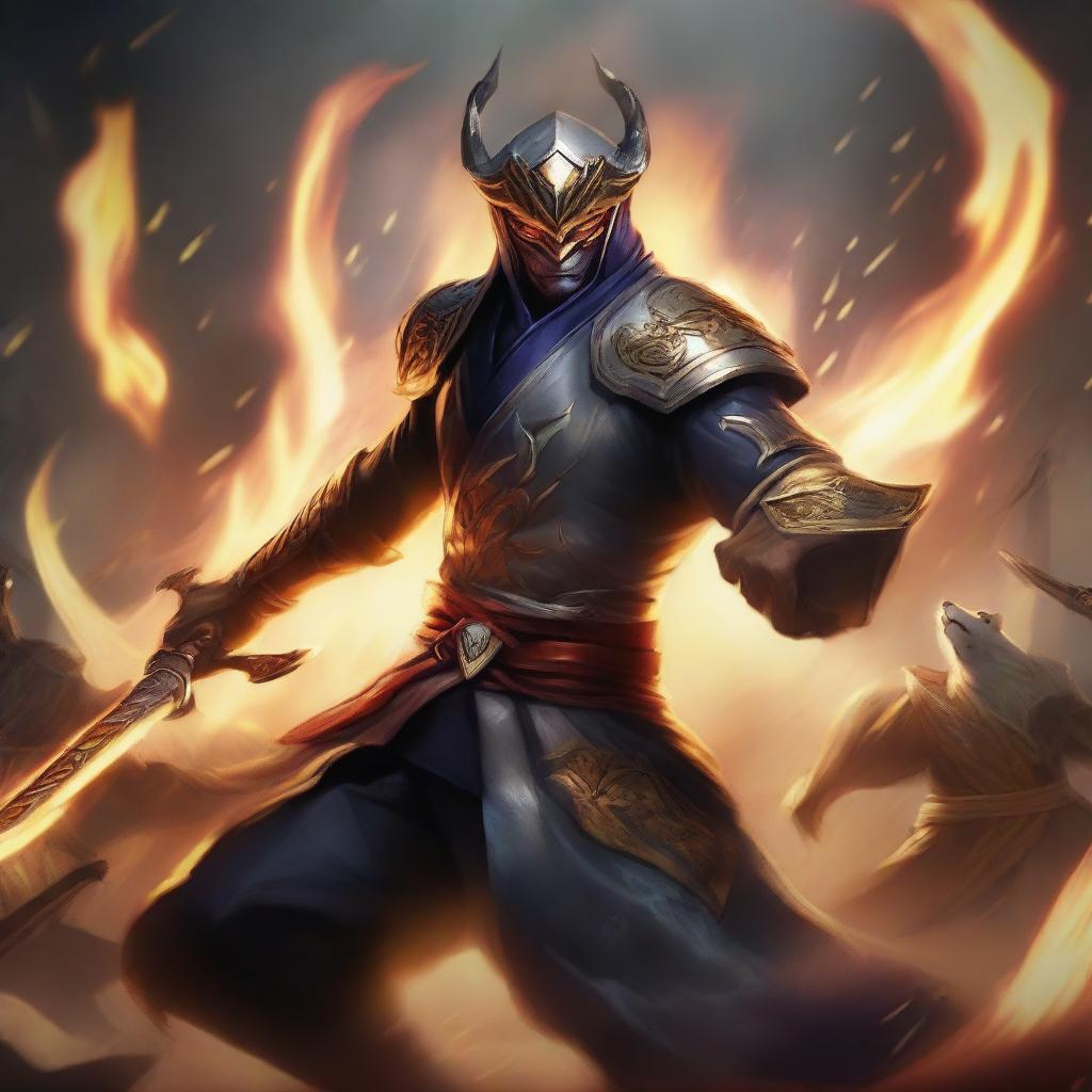 Master Yi from League of Legends, engulfed in flames, holding multiple types of swords, and slaying animals in a fiery battle scene