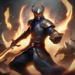 Master Yi from League of Legends, engulfed in flames, holding multiple types of swords, and slaying animals in a fiery battle scene