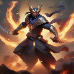 Master Yi from League of Legends, engulfed in flames, holding multiple types of swords, and slaying animals in a fiery battle scene