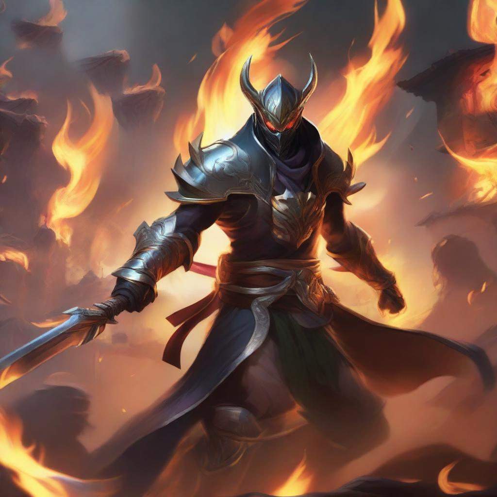 Master Yi from League of Legends, engulfed in flames, holding multiple types of swords, and slaying animals in a fiery battle scene