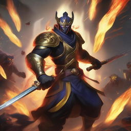 Master Yi from League of Legends, engulfed in flames, holding multiple types of swords, and slaying animals in a fiery battle scene