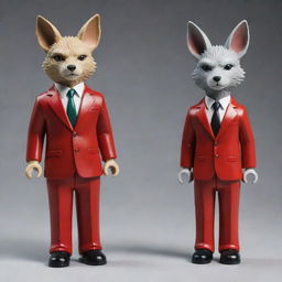 Dexter Morgan and Legoshi from Beastars, both sporting elegant red suits, stand side by side. Their expressions are intriguing, capturing their unique personal traits.