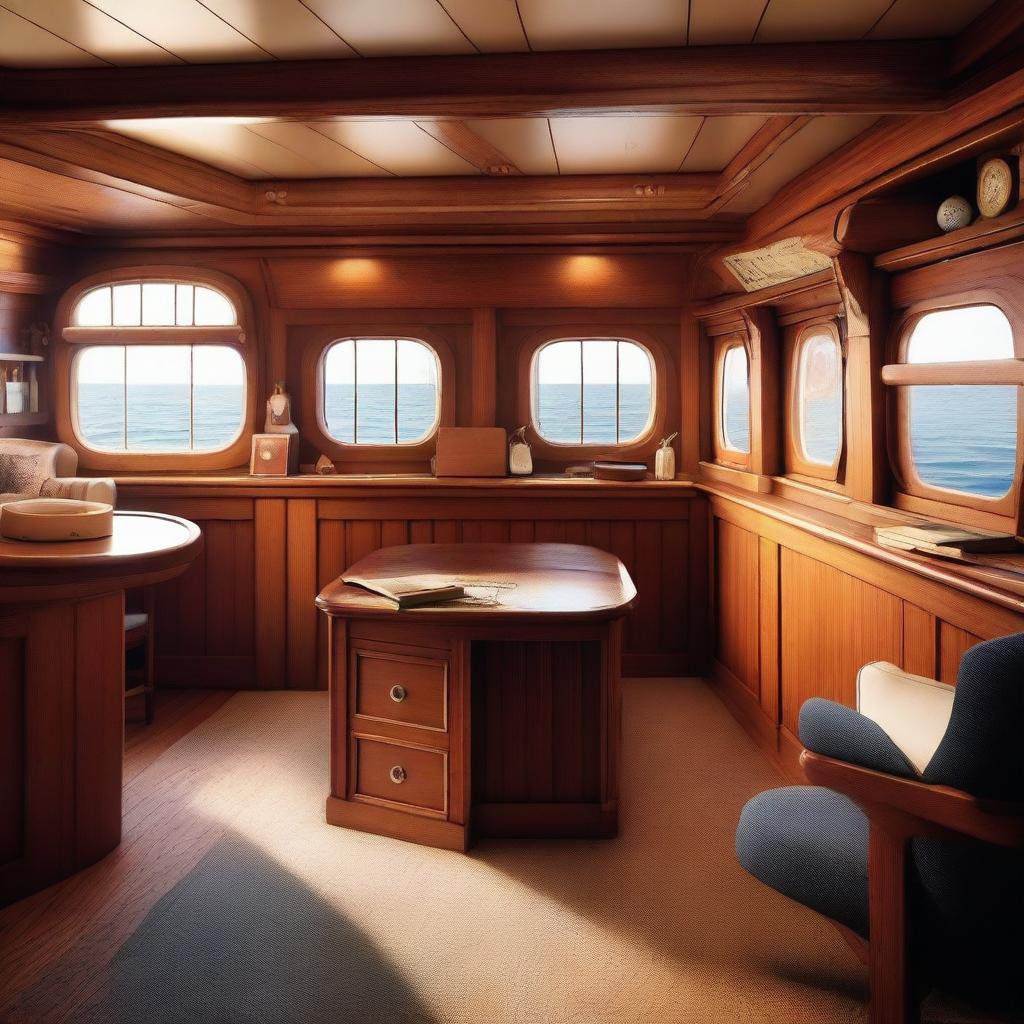 A detailed interior of a ship, featuring wooden beams, nautical decor, and cozy living quarters