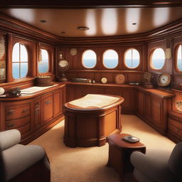 A detailed interior of a ship, featuring wooden beams, nautical decor, and cozy living quarters