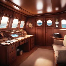 A detailed interior of a ship, featuring wooden beams, nautical decor, and cozy living quarters