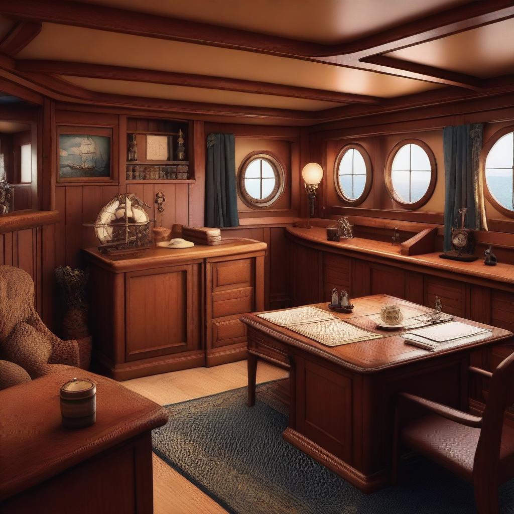 A detailed interior of a ship, featuring wooden beams, nautical decor, and cozy living quarters