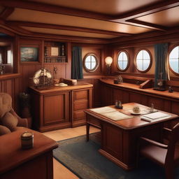 A detailed interior of a ship, featuring wooden beams, nautical decor, and cozy living quarters