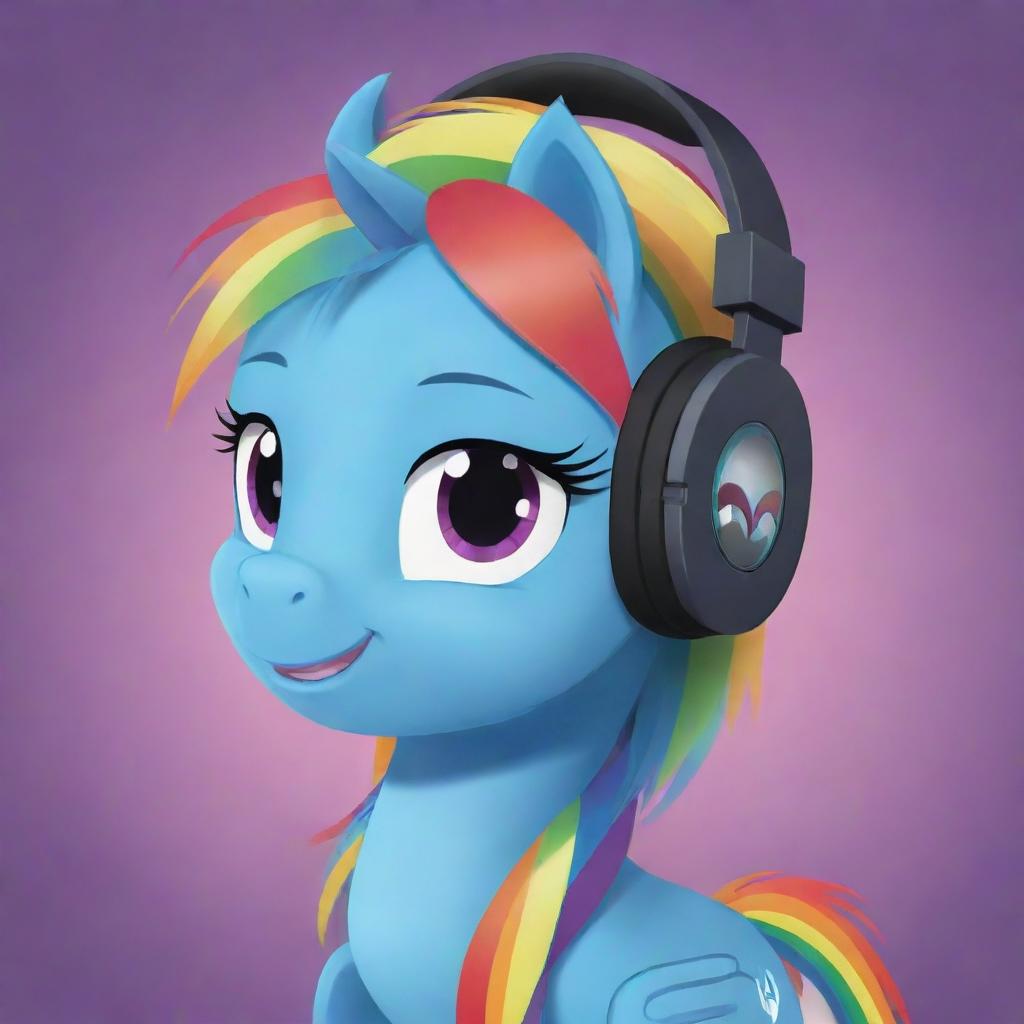 A 2D illustration of the character Rainbow Dash from My Little Pony wearing cool headphones.