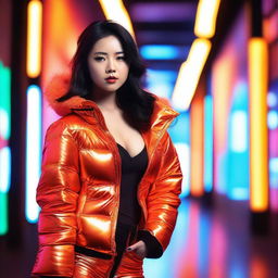 A stylish Asian woman wearing a tight, shiny orange puffer corset, posing confidently in a modern urban setting with vibrant neon lights