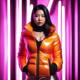 A stylish Asian woman wearing a tight, shiny orange puffer corset, posing confidently in a modern urban setting with vibrant neon lights