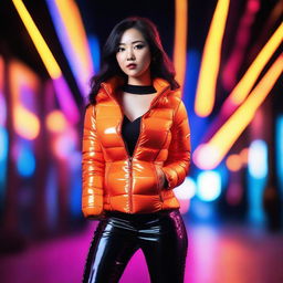 A stylish Asian woman wearing a tight, shiny orange puffer corset, posing confidently in a modern urban setting with vibrant neon lights