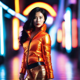 A stylish Asian woman wearing a tight, shiny orange puffer corset, posing confidently in a modern urban setting with vibrant neon lights