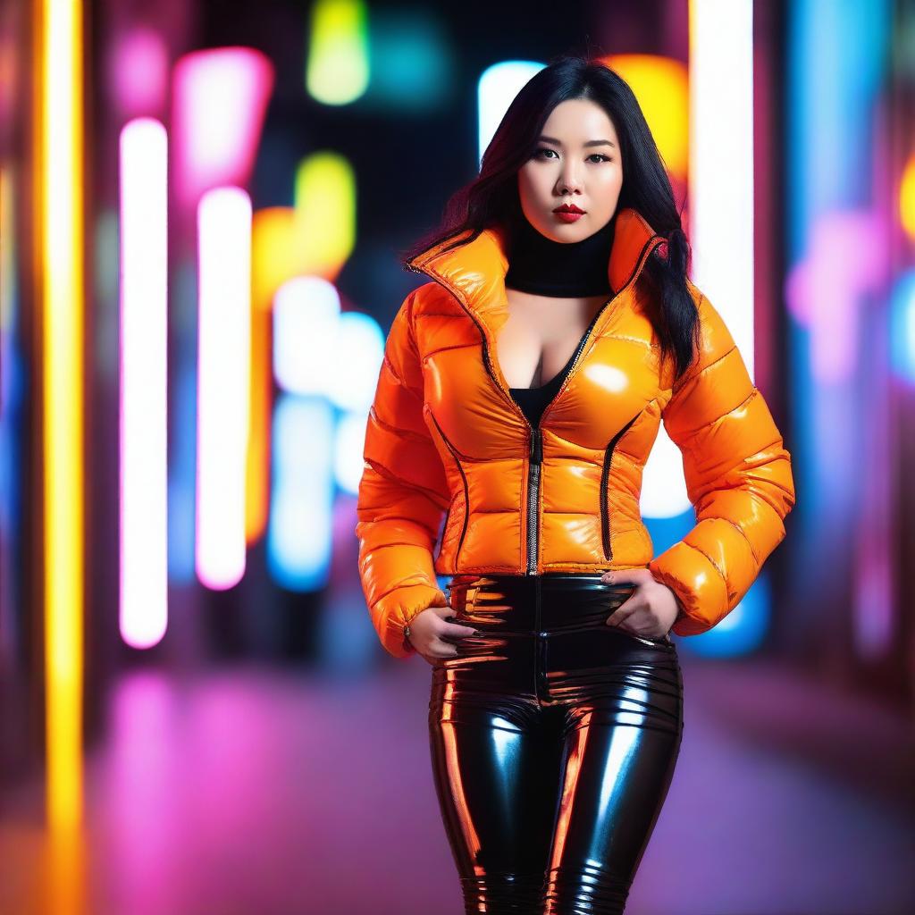 A stylish Asian woman wearing a tight, shiny orange puffer corset, posing confidently in a modern urban setting with vibrant neon lights