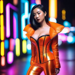 A stylish Asian woman wearing a tight, shiny orange puffer corset, posing confidently in a modern urban setting with vibrant neon lights