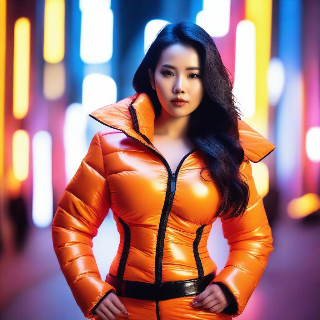 A stylish Asian woman wearing a tight, shiny orange puffer corset, posing confidently in a modern urban setting with vibrant neon lights