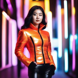 A stylish Asian woman wearing a tight, shiny orange puffer corset, posing confidently in a modern urban setting with vibrant neon lights