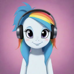 A 2D illustration of the character Rainbow Dash from My Little Pony wearing cool headphones.