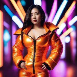 A fashionable Asian woman wearing a tight, shiny orange puffer corset, posing confidently in a modern urban setting with vibrant neon lights