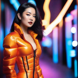 A fashionable Asian woman wearing a tight, shiny orange puffer corset, posing confidently in a modern urban setting with vibrant neon lights