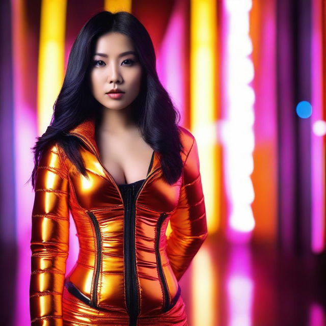 A fashionable Asian woman wearing a tight, shiny orange puffer corset, posing confidently in a modern urban setting with vibrant neon lights