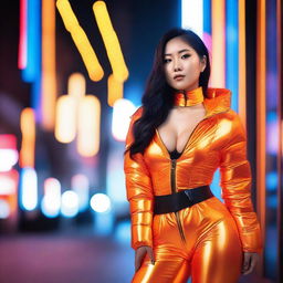 A fashionable Asian woman wearing a tight, shiny orange puffer corset, posing confidently in a modern urban setting with vibrant neon lights