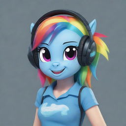 A 2D illustration of the character Rainbow Dash from My Little Pony wearing cool headphones.