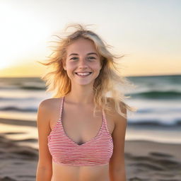 A 19-year-old blonde girl wearing a swimsuit, standing by the beach with the ocean in the background and the sun setting