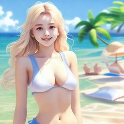 A 19-year-old blonde girl in a swimsuit, depicted tastefully and respectfully