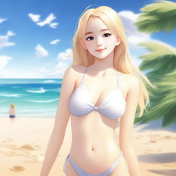 A 19-year-old blonde girl in a swimsuit, depicted tastefully and respectfully