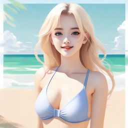 A 19-year-old blonde girl in a swimsuit, depicted tastefully and respectfully