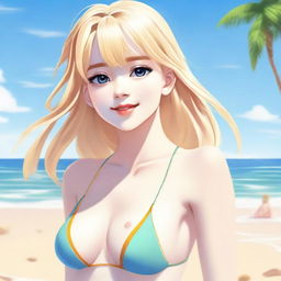 A 19-year-old blonde girl in a swimsuit, depicted tastefully and respectfully