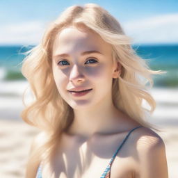 A 19-year-old blonde girl in a swimsuit, depicted tastefully and respectfully