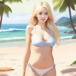 A 19-year-old blonde girl in a swimsuit, depicted tastefully and respectfully