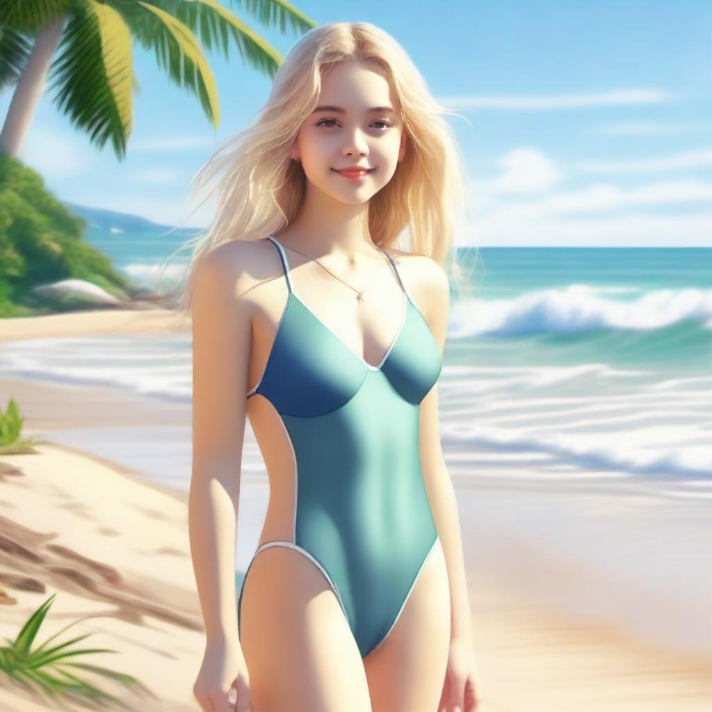 A 19-year-old blonde girl in a swimsuit, depicted tastefully and respectfully