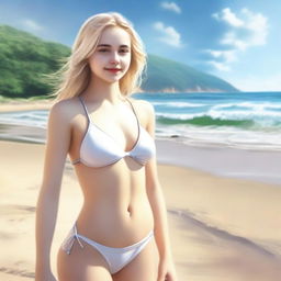 A realistic 18-year-old blonde girl in a swimsuit, depicted tastefully and respectfully